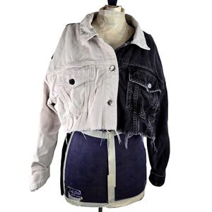 VTG Guess Jeans Color Block Denim‎ Jacket Cropped Raw Hem 90's Y2K Thrash Lg